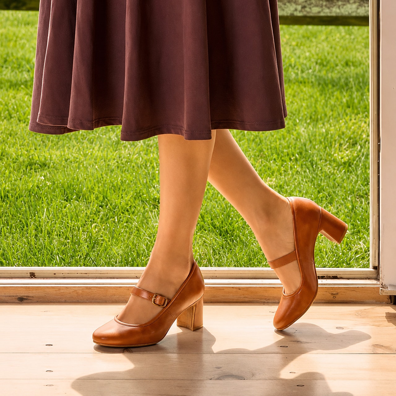 Featuring the Adalaide mary jane heel in brown.