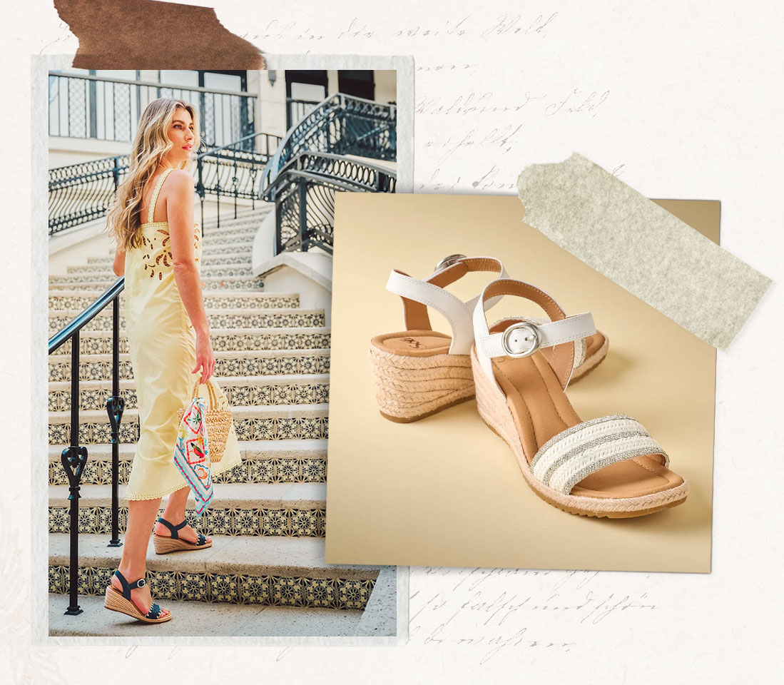 Woman walking up a set of mosaic stairs. Featuring the Inez and Inez II sandals in white and black.