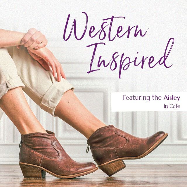 Western Inspired. Featuring the Aisley Bootie in brown. Shop Aisley.