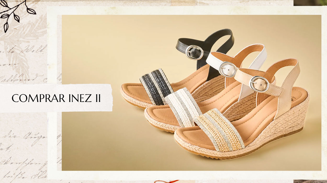 Foto grupal de la sandalia Inez II en negro, blanco y color cuero. Compra Inez II.