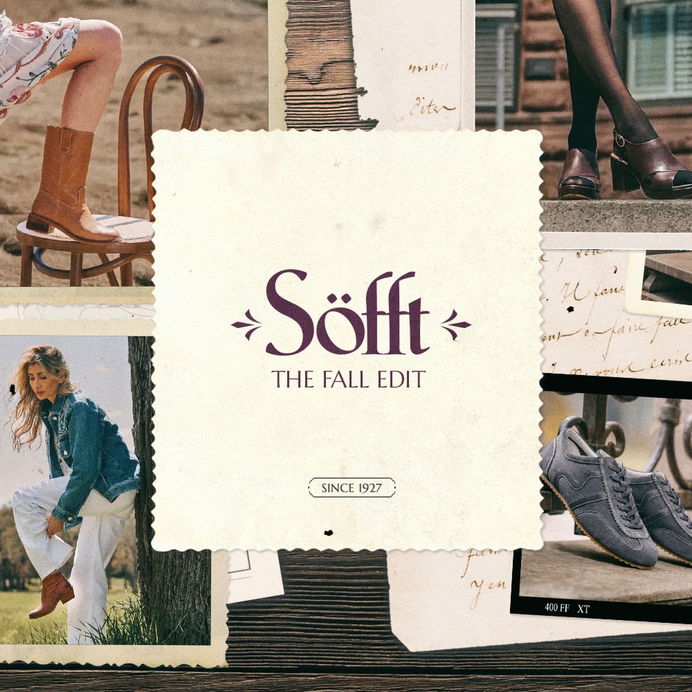 Sofft. The Fall Edit. Since 1927. A montage featuring various Sofft styles in a variety of location locations.