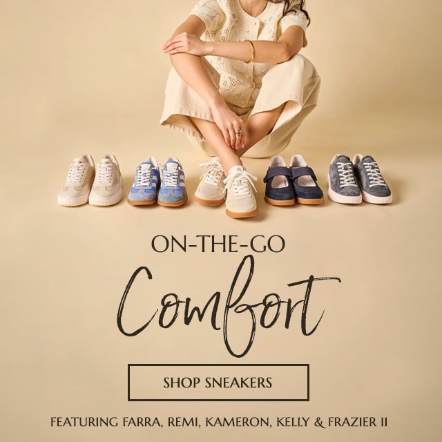 On-The-Go Comfort. Shop Sneakers. Featuring the sneakers Farra in tan, Remi in blue, Kameron in tan, Kelly in blue & Frazier II in grey.