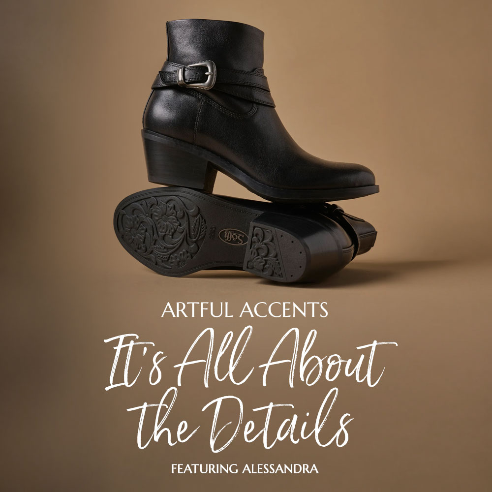 Artful Accents. It's All About the Details. Featuring Alessandra heeled bootie in black.
