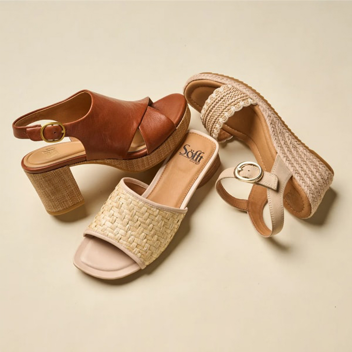 Featuring the Liv heeled sandal in brown, Sahara heeled sandal in tan, Inez wedge sandal in tan. Shop Vacation Shop.