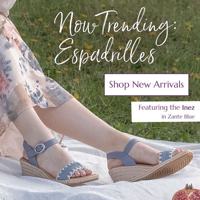 Now Trending:  Espadrilles. Featuring the Inez wedge espadrille sandal in Zante Blue (blue). Shop New Arrivals.