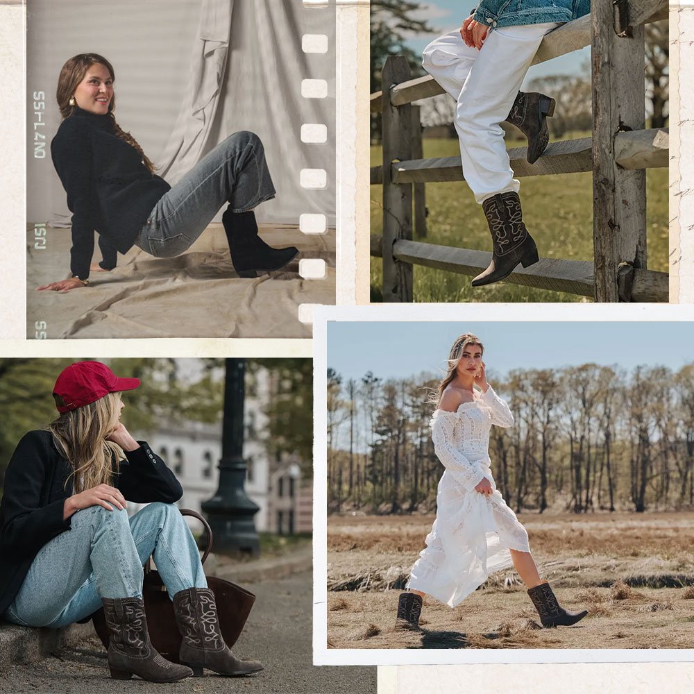 A montage of the Carolynn boot in various environments on model.