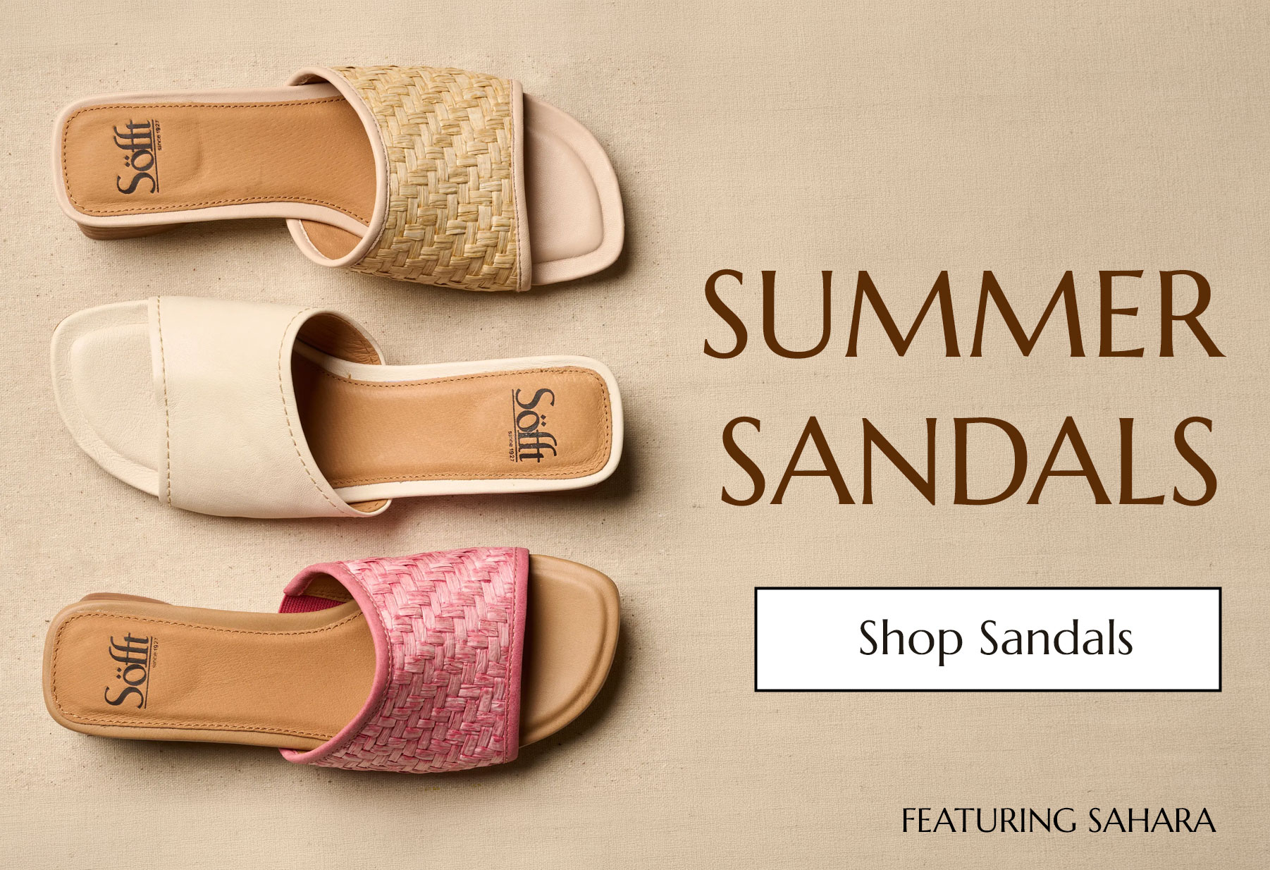 Summer Sandals. Shop Sandals. Featuring Sahra slide sandal in tan, white and pink.