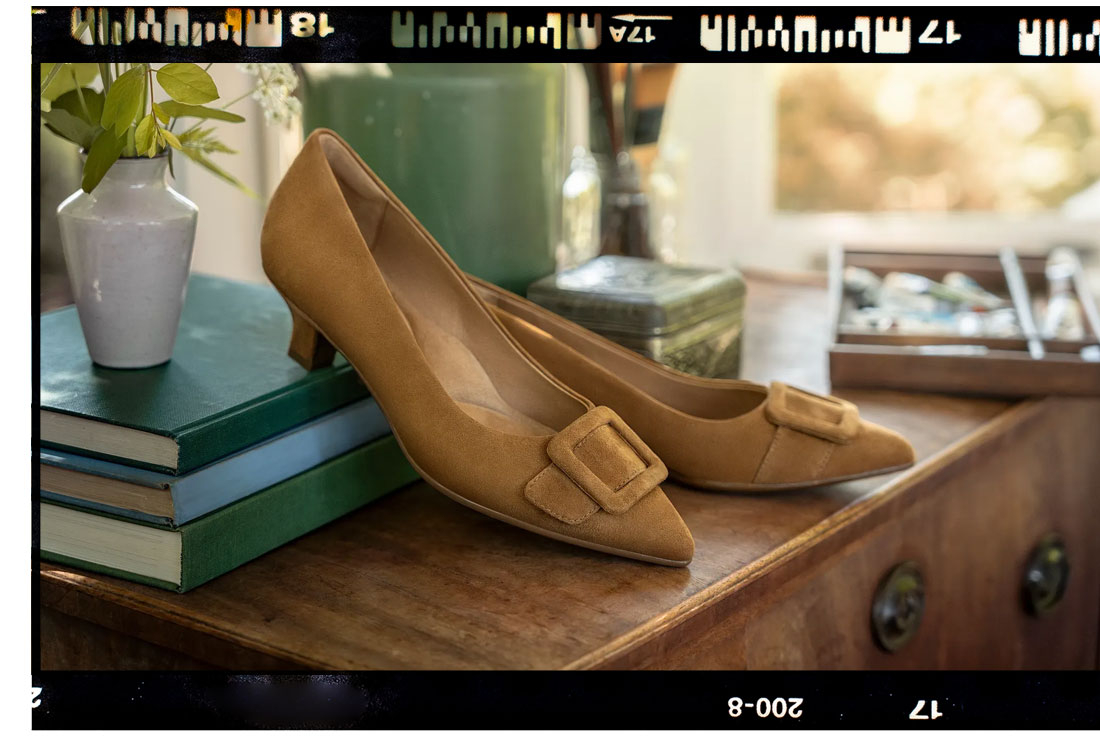 Featuring the Sadie kitten heel in tan suede.