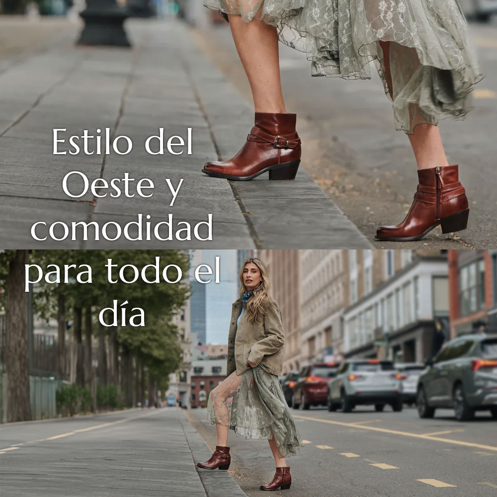 Estilo del Oeste y comodidad para todo el d&iacute;a. Un montaje del bot&iacute;n de Alessandra en varios entornos en el modelo.