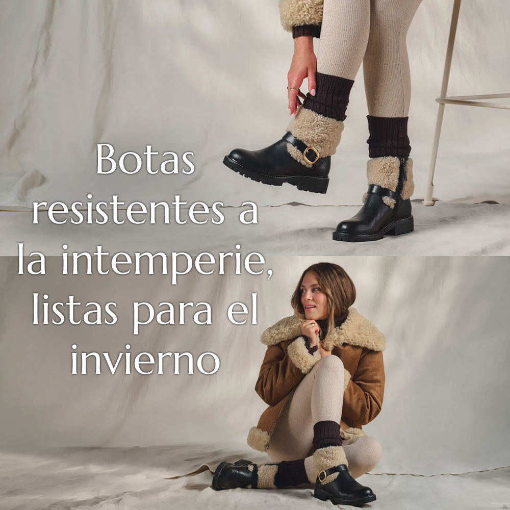 Botas resistentes a la intemperie, listas para el invierno. Un montaje de la bota Adelle en marr&oacute;n en varios entornos en el modelo.