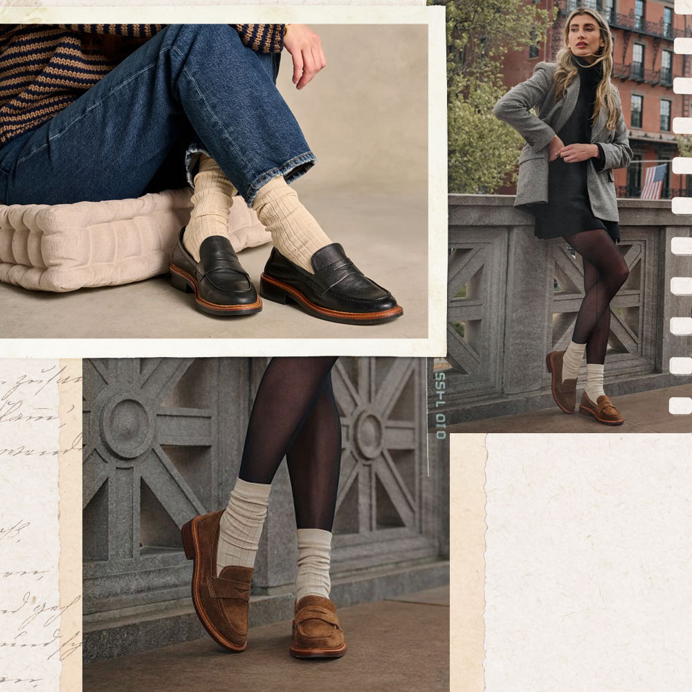 Un montaje del mocas&iacute;n Mara lucido por una modelo en diversos entornos.