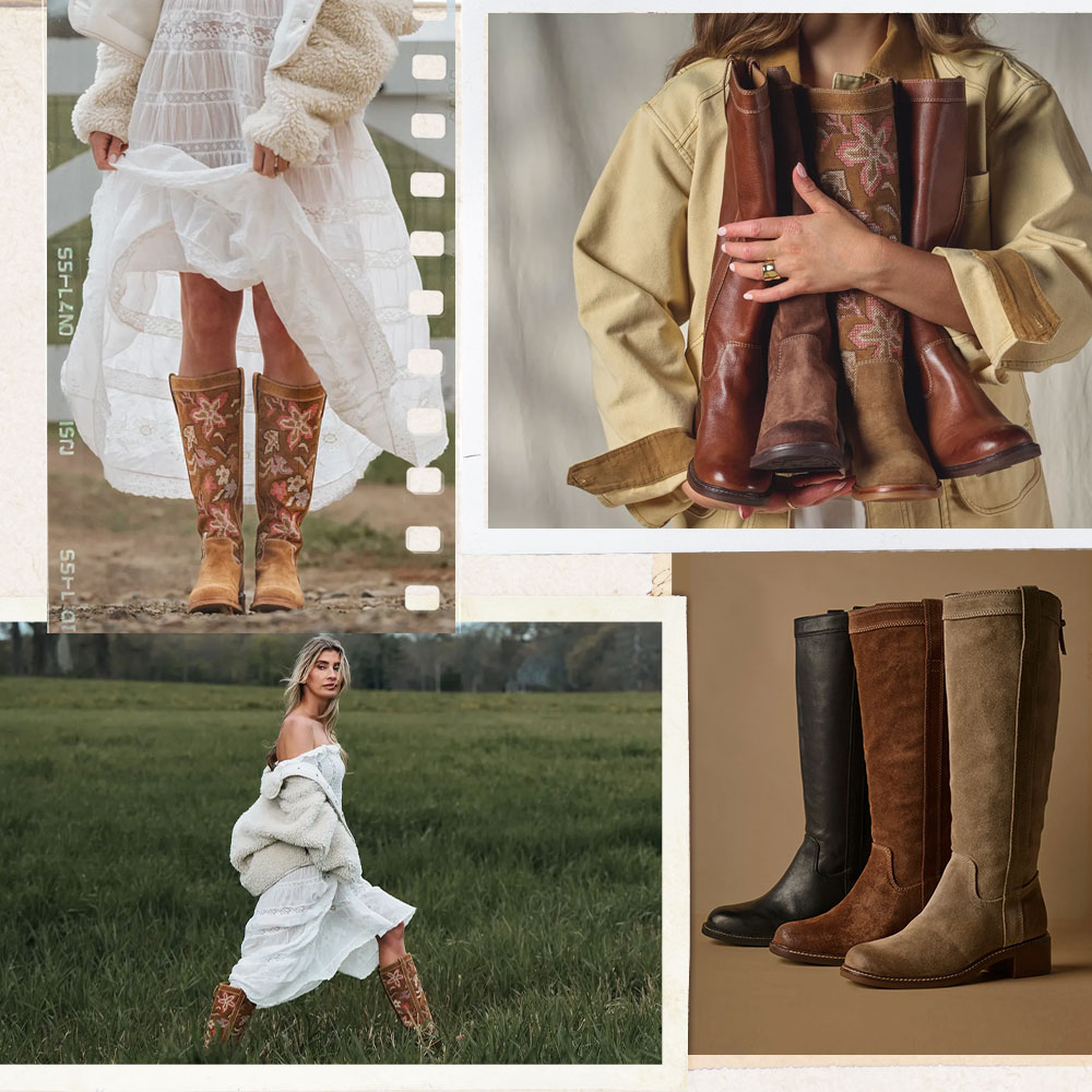 A montage of the Taryn tall boot in various environments on model.