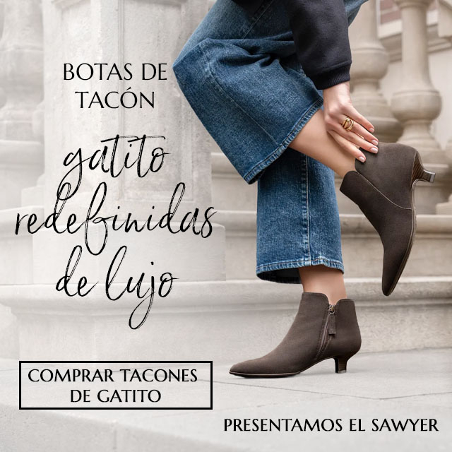 Botas de tac&oacute;n gatito redefinidas de lujo. Comprar tacones de gatito. Presentamos el bot&iacute;n Sawyer con tac&oacute;n bajo tipo *kitten heel* en color marr&oacute;n.