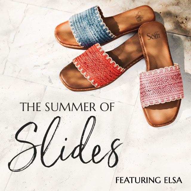 The Summer Of Slides. Shop Sandals. Featuring the Elsa slide sandal in blue, red and pink.