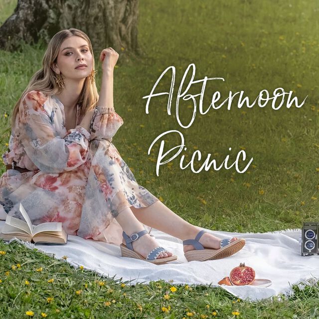 Afternoon Picnic. Featuring the Inez sandal in blue.