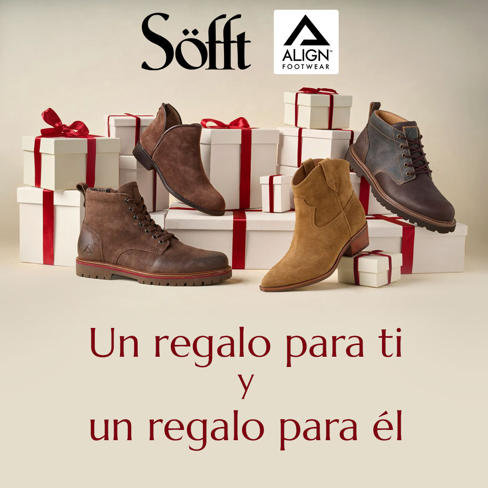 Logotipo de S&ouml;fft y logotipo de alineaci&oacute;n de calzado. Un regalo para ti y un regalo para &eacute;l. Presentando el bot&iacute;n desi en marr&oacute;n, el bot&iacute;n de Cambridge en bronceado, alinea la bota William en marr&oacute;n y la bota de alineaci&oacute;n Ryder en marr&oacute;n.