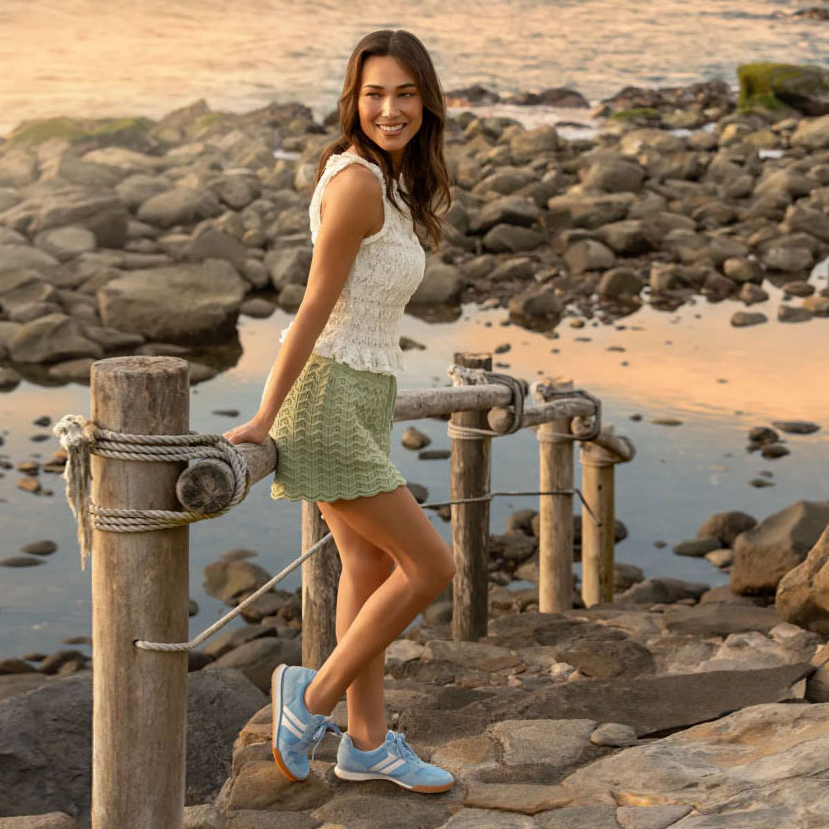 Mujer de pie junto a una valla de madera, junto al agua. Luce las zapatillas Kameron en color azul.