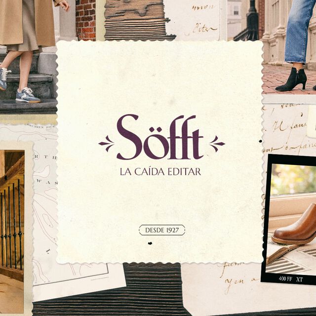 Söfft. La caída Editar. Desde 1927. Presentando varios estilos de zapatos Sofft en un montaje.