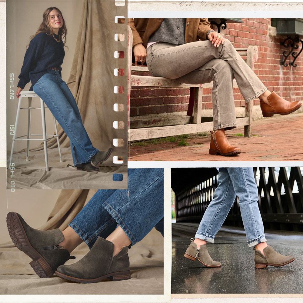 A montage of the Beatrice bootie in various environments on model.