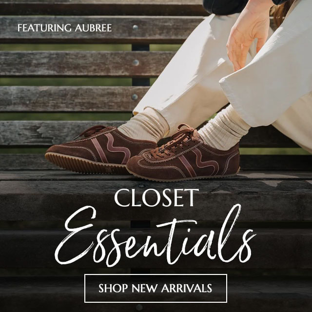 Closet Essentials. Shop New Arrivals. Featuring the Aubree Sneaker in brown.