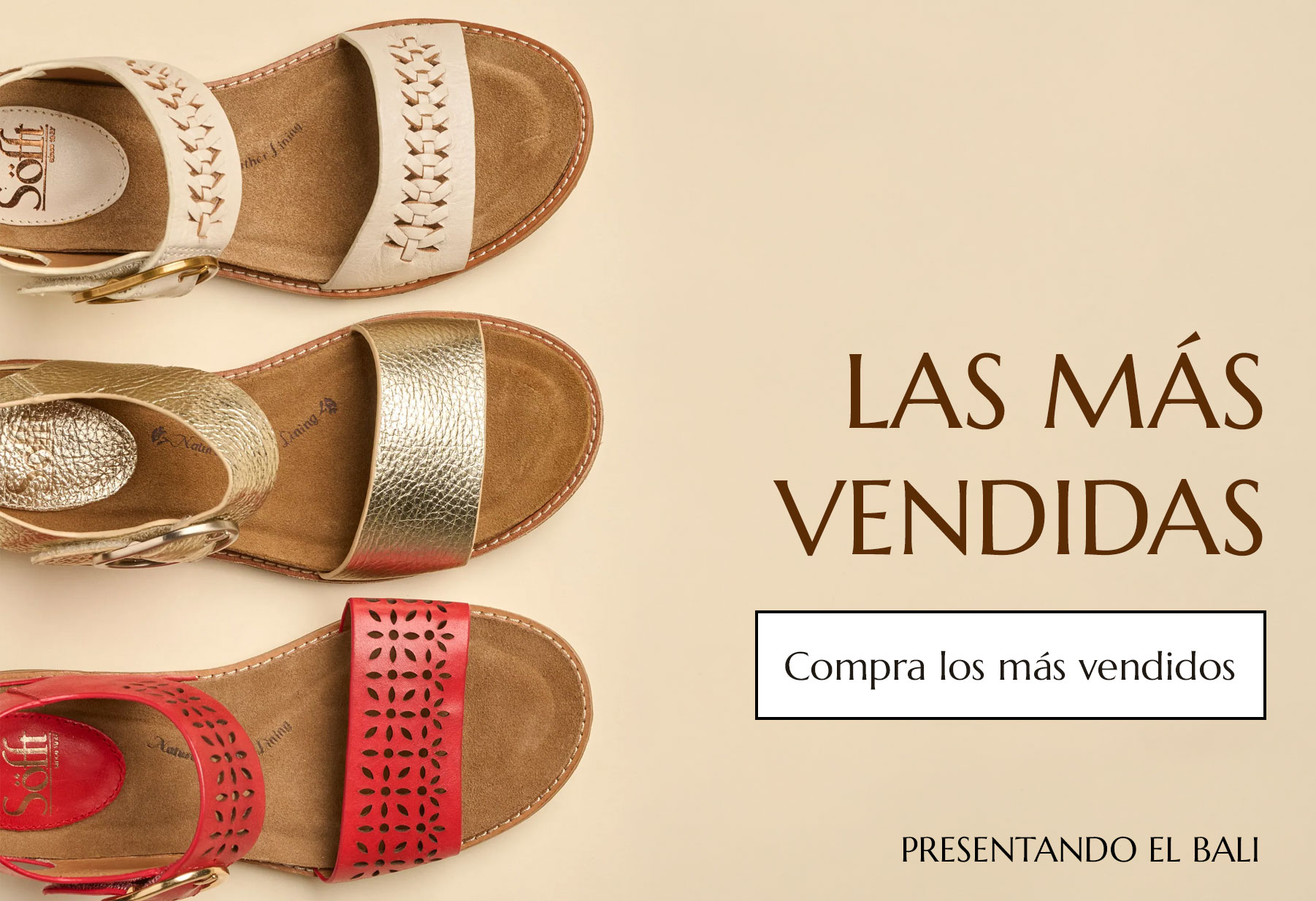 Las m&aacute;s vendidas. Compra los m&aacute;s vendidos. Presentamos la sandalia Bali en color tostado, met&aacute;lico y rojo.