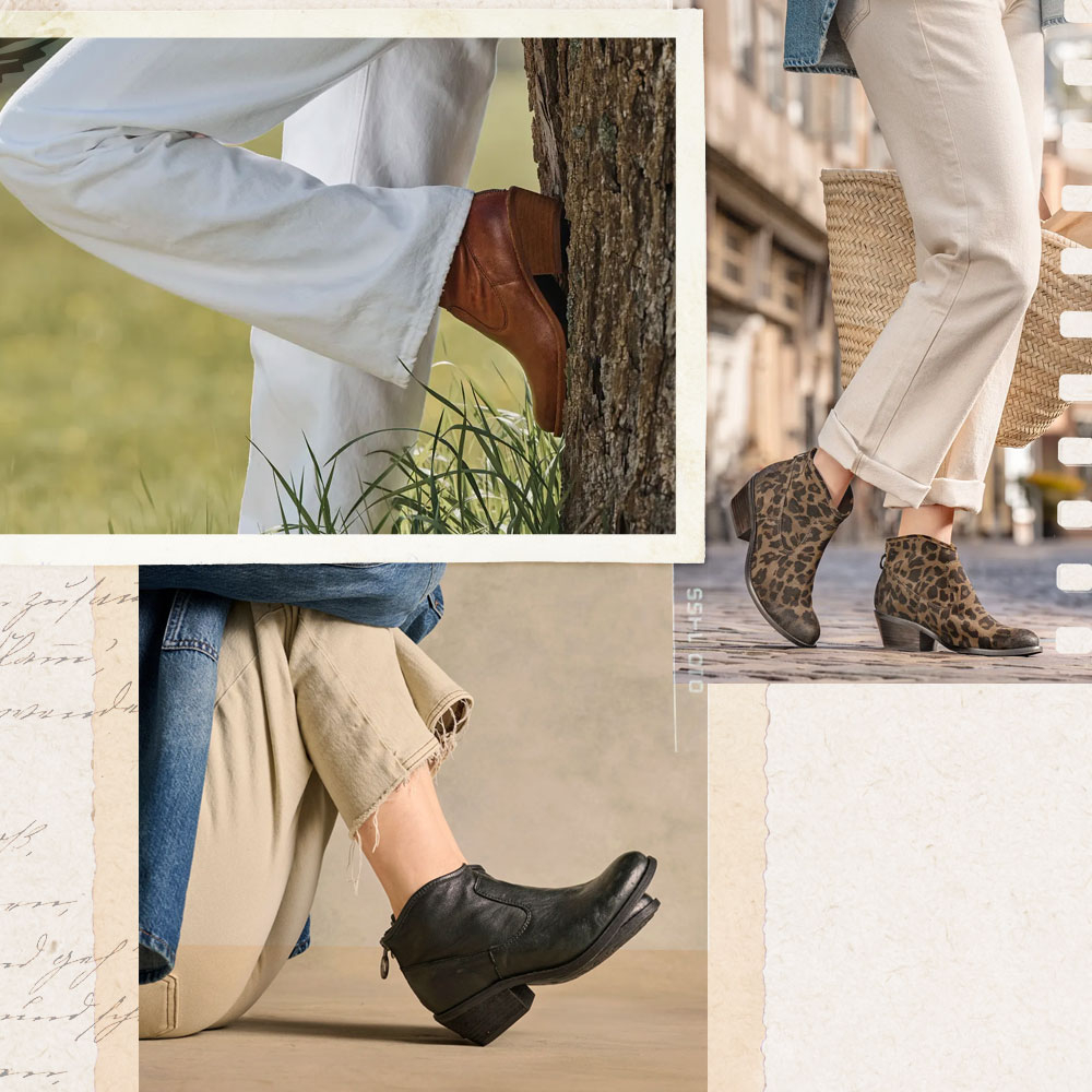 A montage of the Aisley bootie on model in various environments.