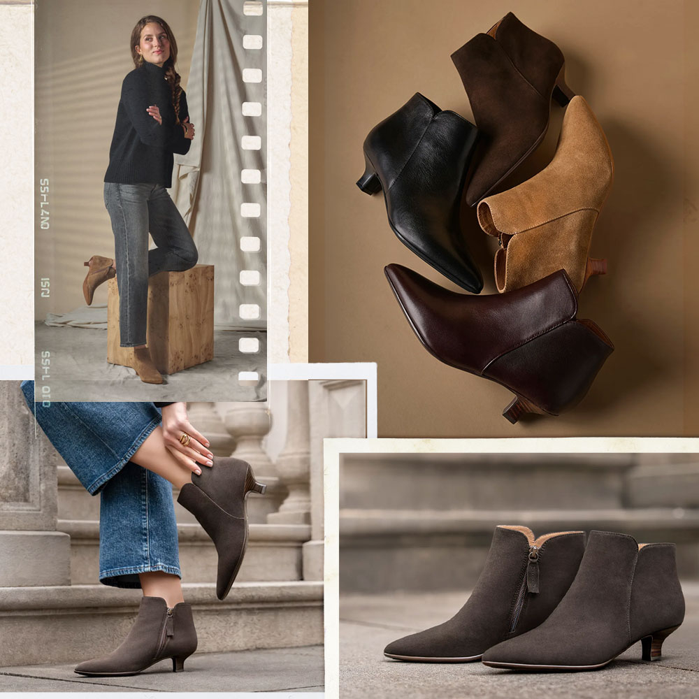 A montage of the Sawyer kitten heeled bootie in various environments.