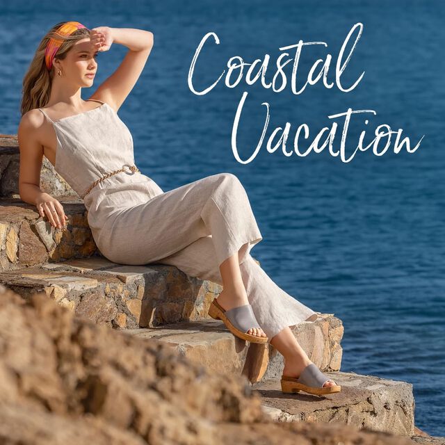 Coastal Vacation. Featuring the Cass Sandal in blue.