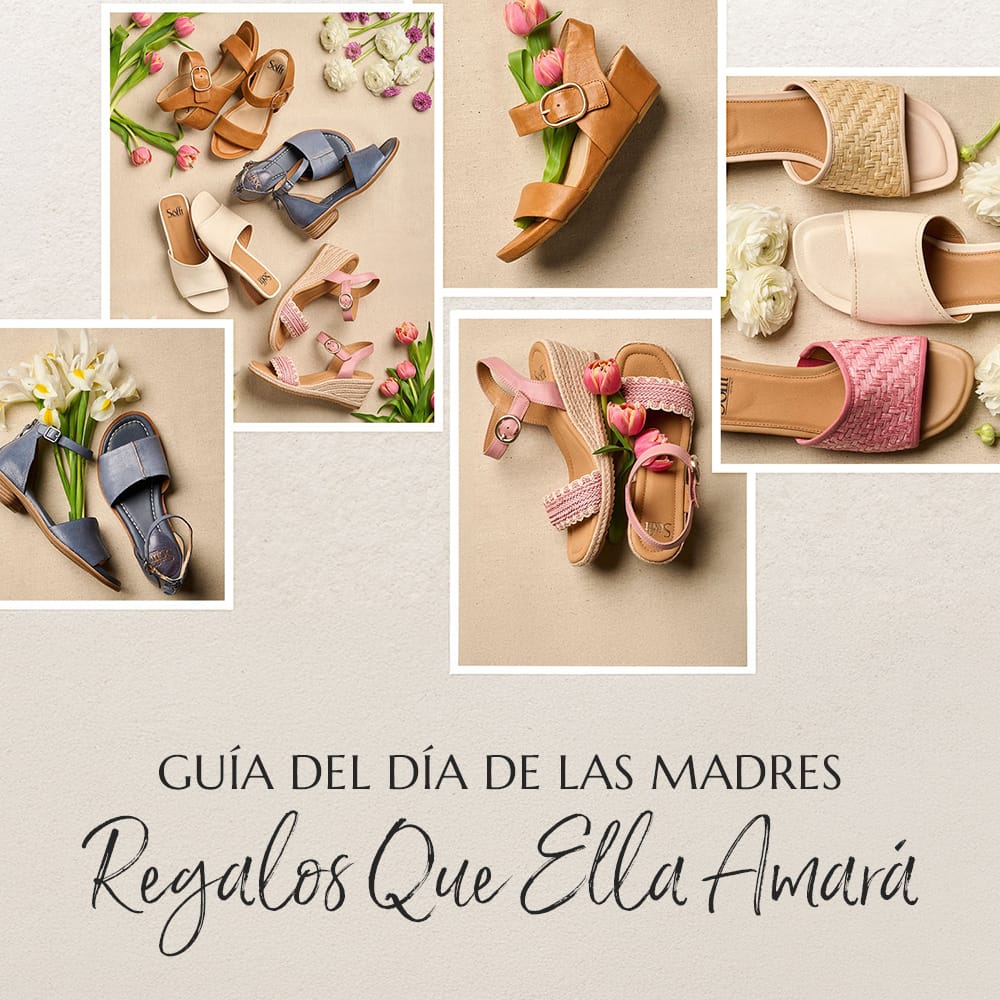 Gu&iacute;a del D&iacute;a de las Madres. Regalos Que Ella Amar&aacute;. Un montaje de im&aacute;genes de la sandalia Faxyn en caf&eacute;, sandalia con cu&ntilde;a Inez en rosa, slide Sahara en varios colores y sandalia con cu&ntilde;a Vaya en caf&eacute;.