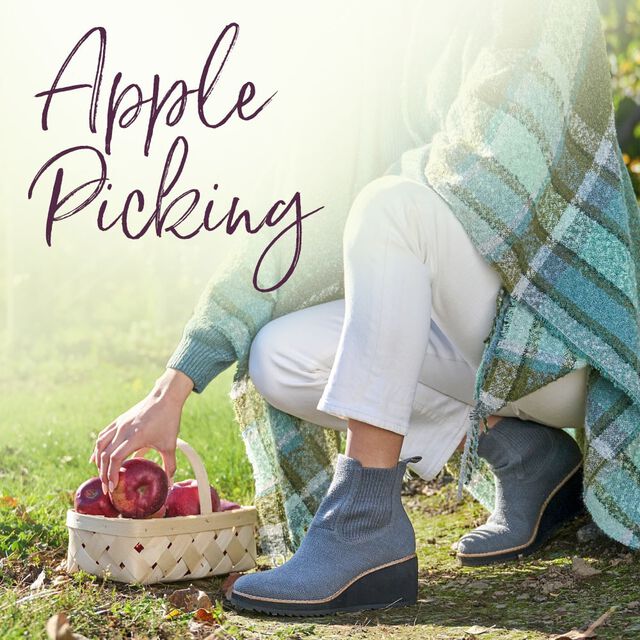 Apple Picking. Featuring the Eiley wedge bootie in grey knit.
