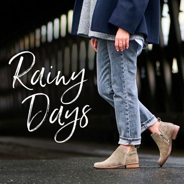 Rainy Days. Featuring the Beatrice bootie in tan suede.