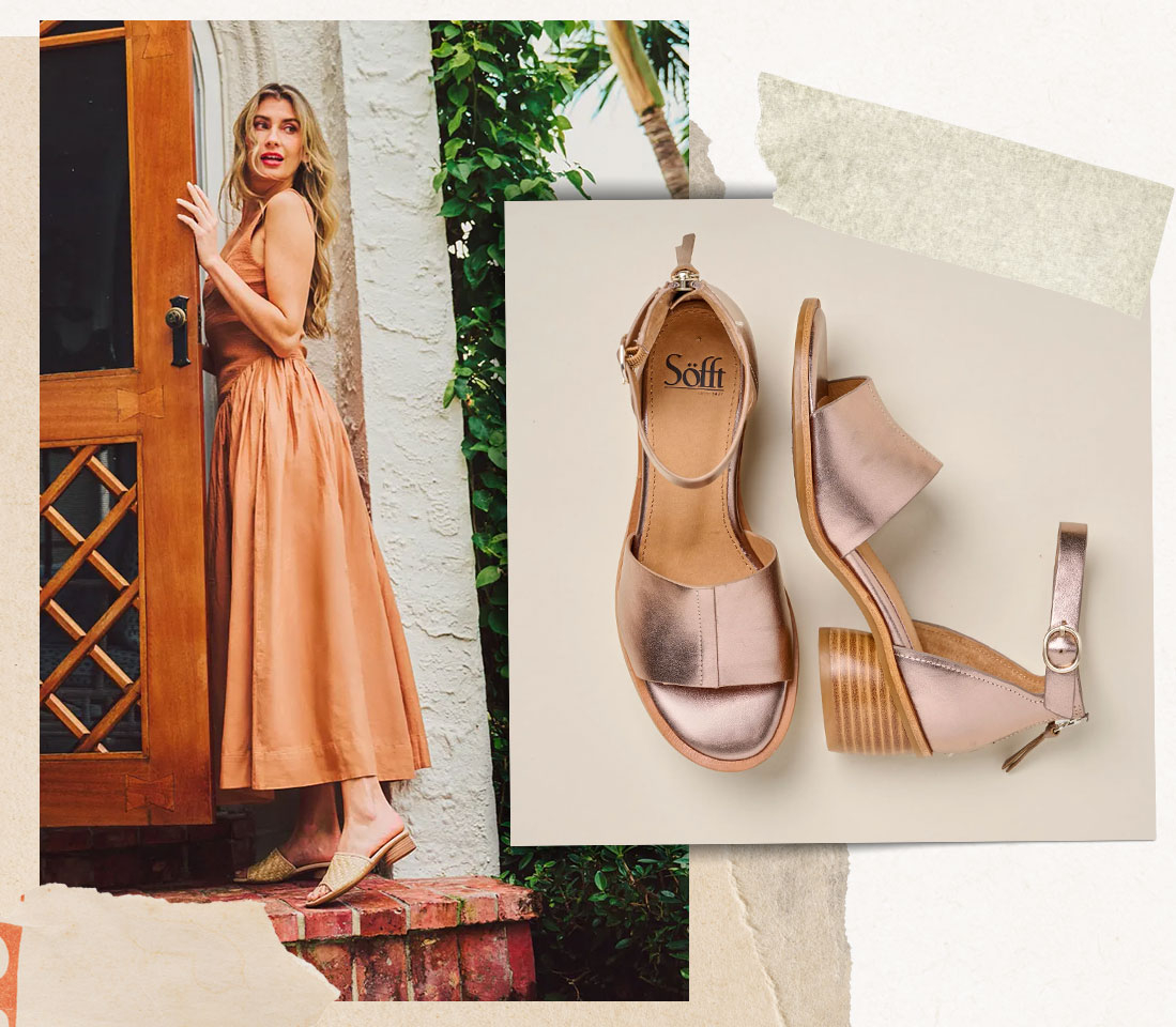 Woman standing on a brick step. Featuring the Sahara in tan and Colby in metallic sandals.