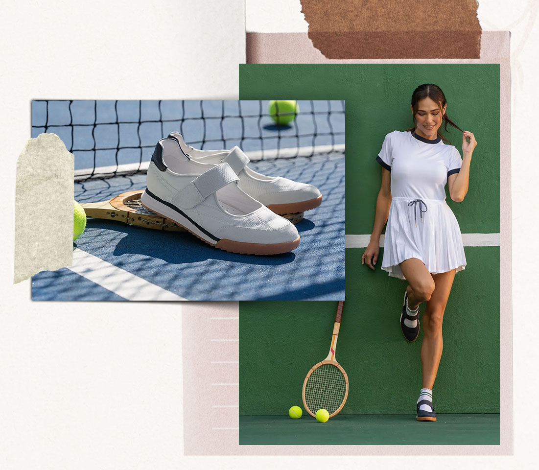 Woman wearing a tennis outfit on a green background. Featuring the Kelly Mary Jane in black and white.
