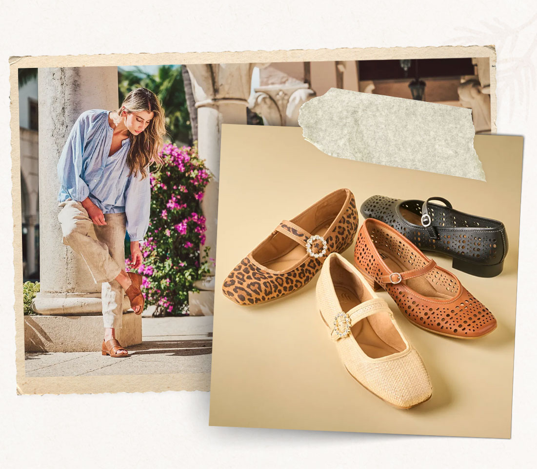 Woman leaning against stone pillar. Featuring the Peyton Mary Jane in Tan and Leopard and the Ellie Mary Jane in brown and black.