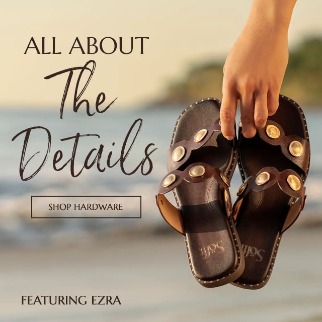 All about the details. Shop hardware. Featuring the Ezra sandal in brown.