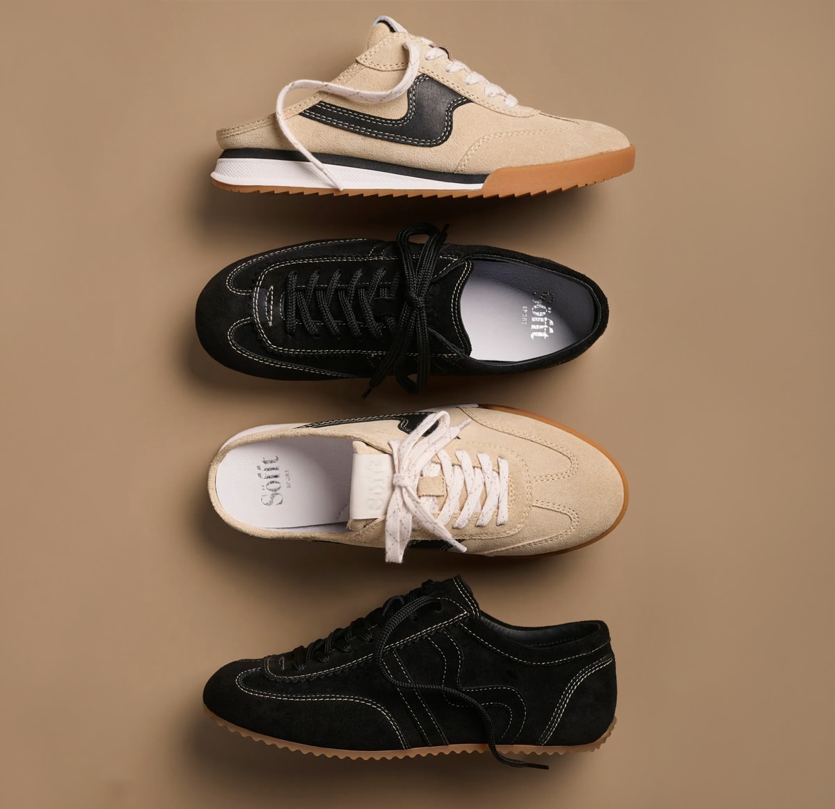 Featuring the Kassie mule sneaker in tan and Aubree lace-up sneaker black.