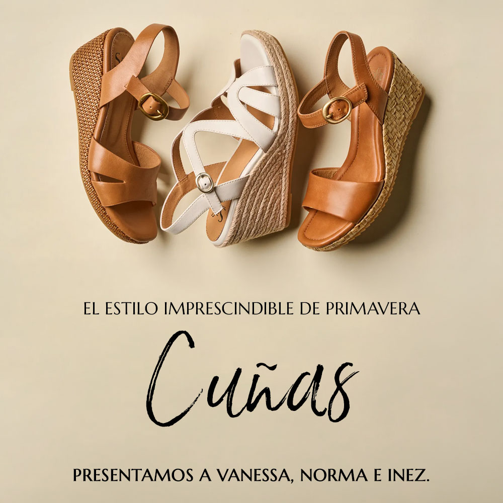El estilo imprescindible de primavera Cu&ntilde;as. Presentamos la sandalia Vanessa en tono tostado, la sandalia Norma en blanco y la sandalia Inez en tono tostado.