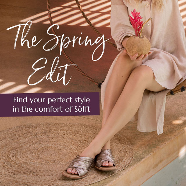 The Spring Edit. Find your perfect style in the comfort of Sofft. Featuring the Fallen sandal in metallic.