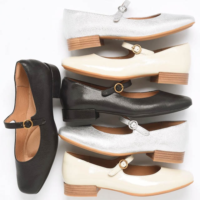 Elsey maryjane in black, tan, and metallic colors.
