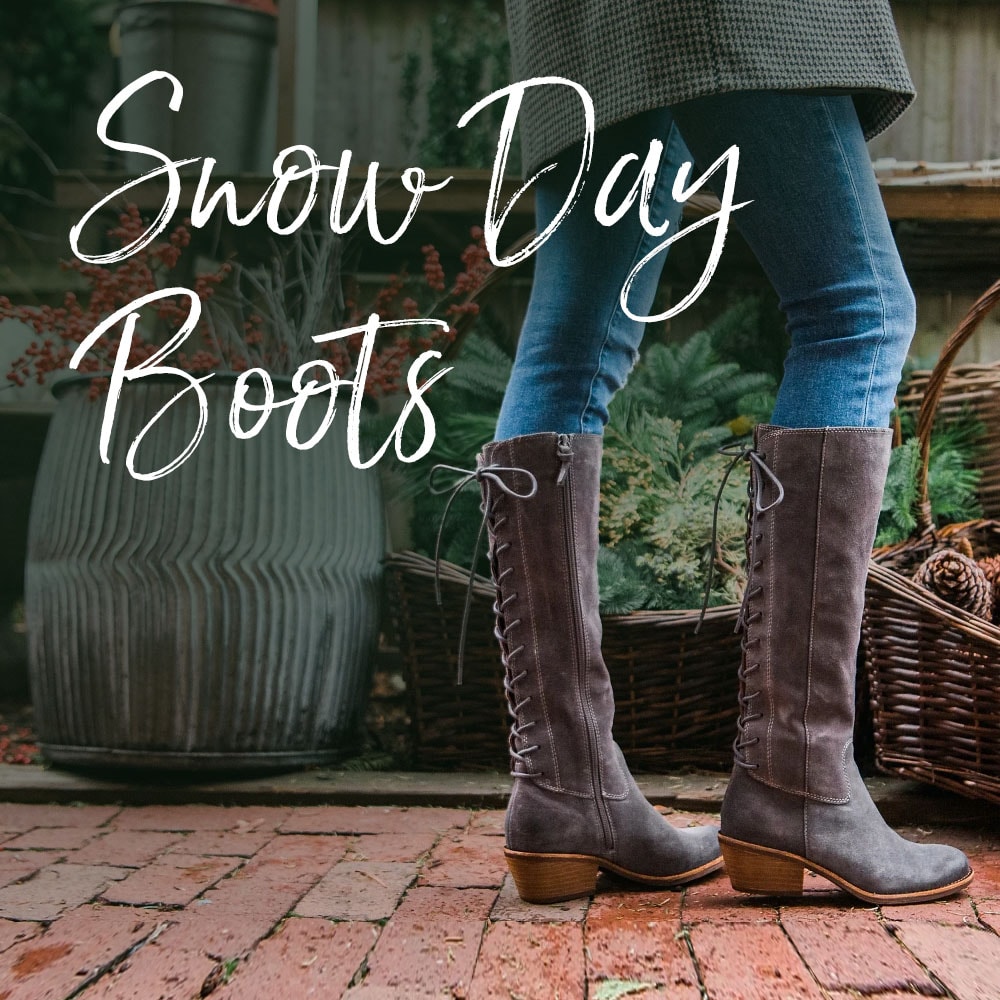 Snow Day Boots. Featuring the Sharnell Heel tall boot in grey suede.
